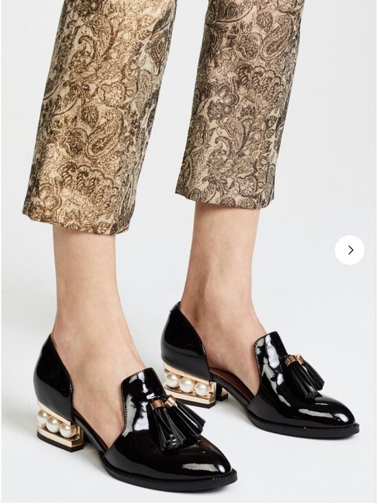 Jeffrey Campbell Shoes - Jeffrey Campbell Black Patent d'Orsay Tassel Loafer Pearl-Trim Heel